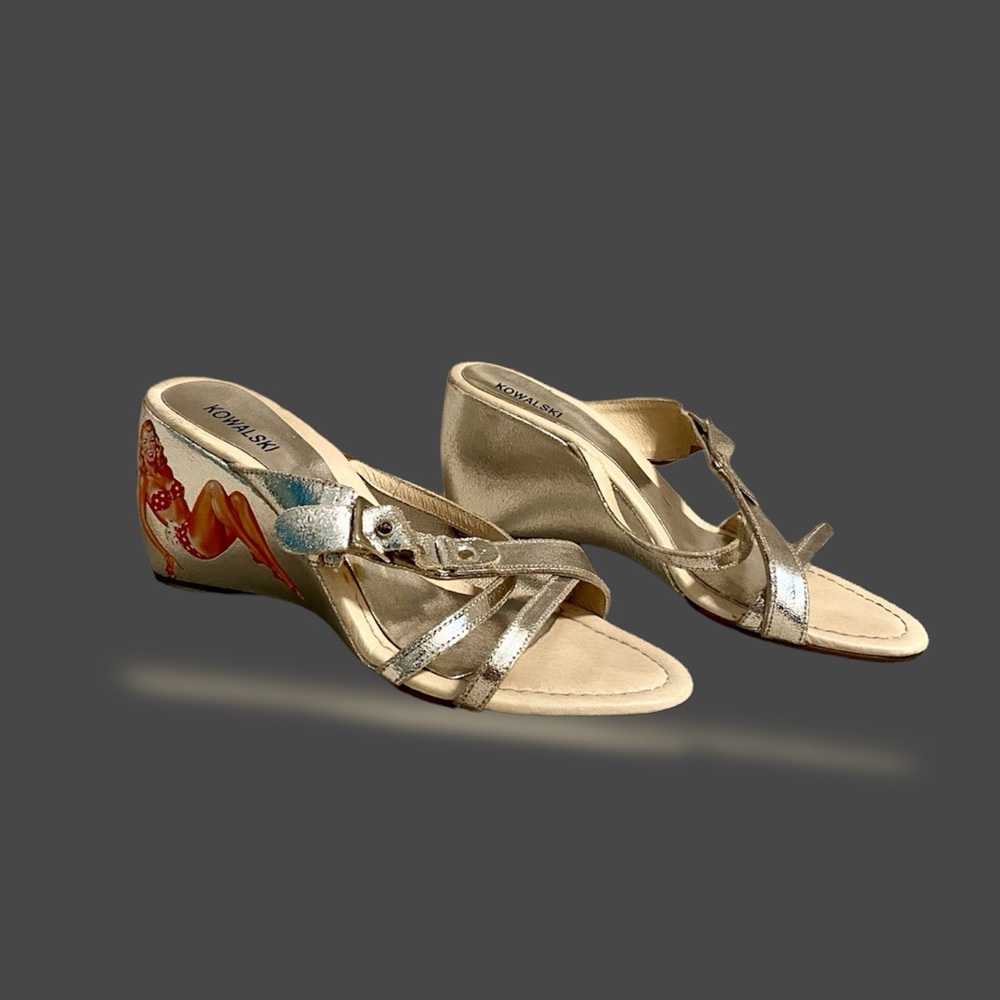Vintage Kowalski Cowgirl Sandals Size EU 39/US 9 Pin Up Girl Print Made In Spain